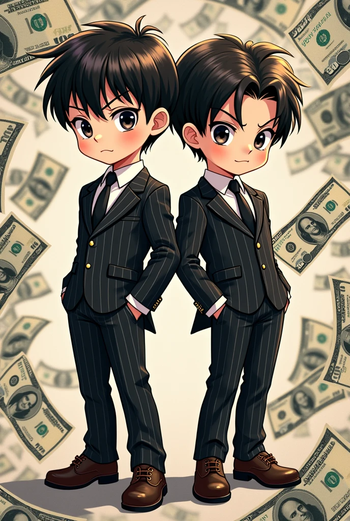 cute ???, mafia outfit, badass poses, for profile picture, boy and girl, money on background, anime, age around , both have small distance between each other