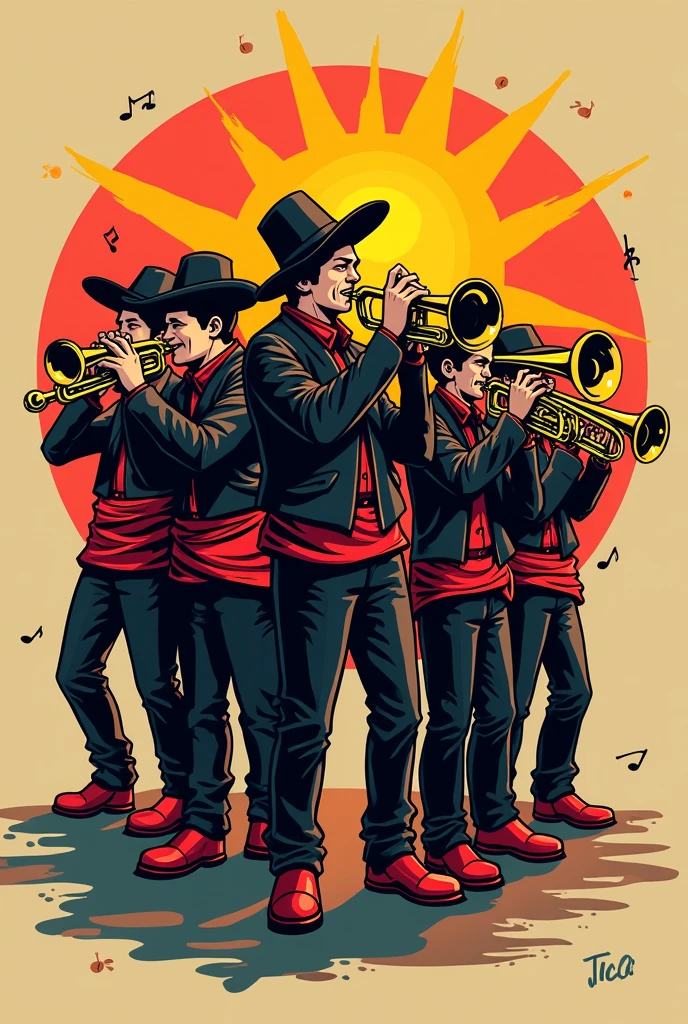 pourrais tu me générer un logo pour ma fanfare de rue? le groupe s'appelle "El Bandas tico" groupe composé d'une quinzaine de musiciens (percussions, trompettes, sousaphone, saxophones baryton ténor alto et soprano et clarinettes) particularité nous sommes habillés en noir avec des bretelles et casquettes rouges