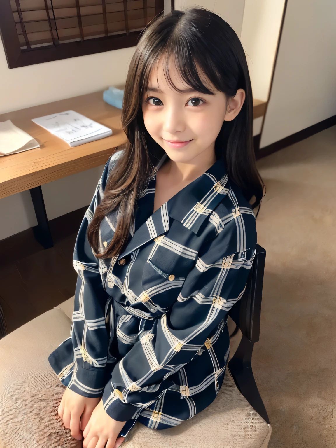 ish face、(Highest quality, masterpiece, Ultra-high resolution, Professional Lighting, Perfect Anatomy, Very detailed,((One girl, , The most famous Japanese childrs, Sit in a cute chair, (An innocent smile))), (((日本の最も人気のあるアイドルのような非常にかわいくて非常にChildish face)), (((very cute、And very big black eyes))), (((Very beautiful、Highly realistic skins))), Black and long straight hair, Very cute long eyelashes, Very cute moist lips), (Detailed cute room, Detailed cute chair)