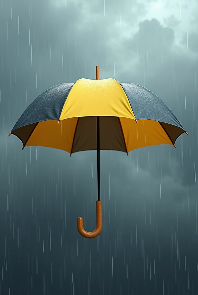 Create a 3d real image of umbrella, of both yellow and dark grey colour, in air, and background of sky blue rainy season and raining.