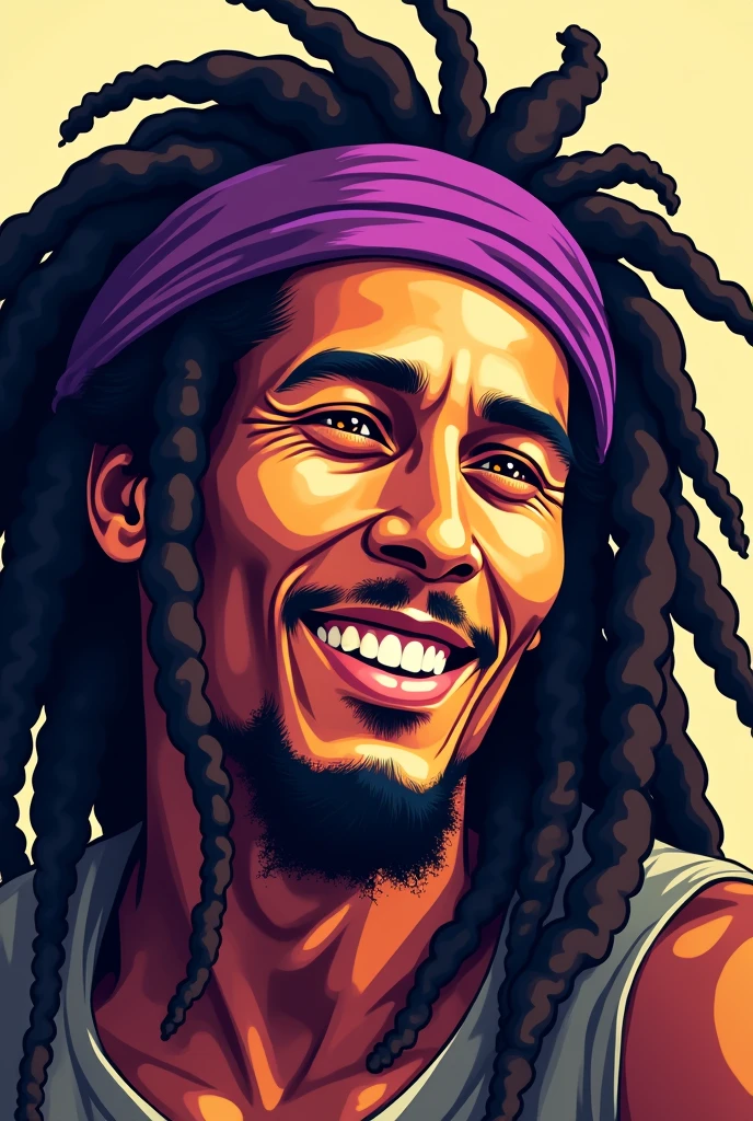 Bob Marley wearing a purple headband in anime style