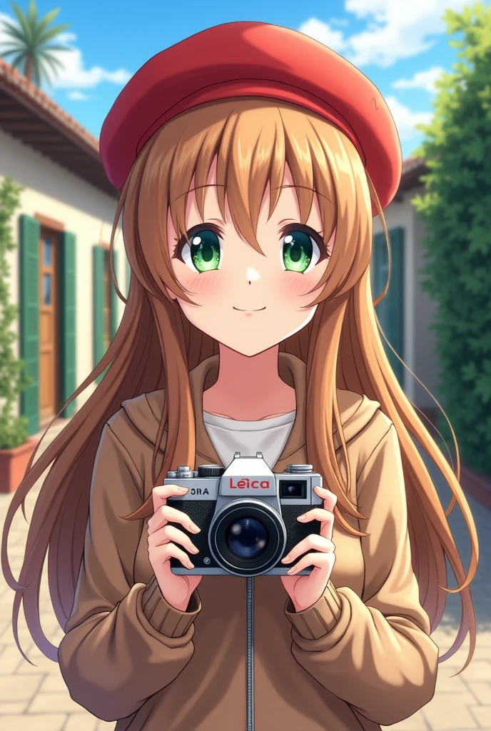 anime girl,university student,Big breasts,Smile,Long brown-blond hair,Green eyes, red painter beret,Holding an elegant Leica camera,Beautiful anime art work,Anime style 4K, Anime Art Wallpaper 4k, italian cafe