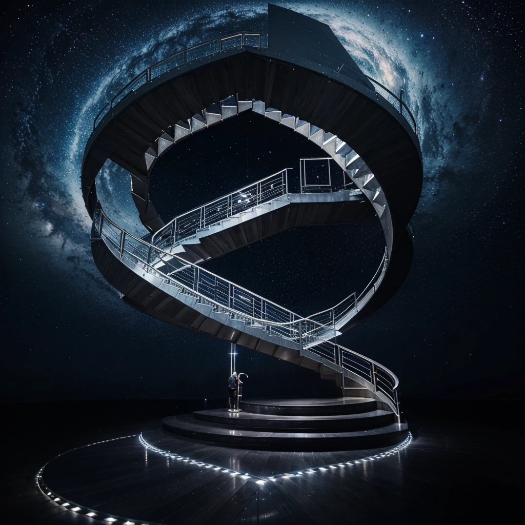 A digital best photo of a glowing, ethereal,stars,world and universal, geometric staircase made of shiny-dazzling electric-strings. The staircase has multiple levels and spirals upwards. The background is a dark void.