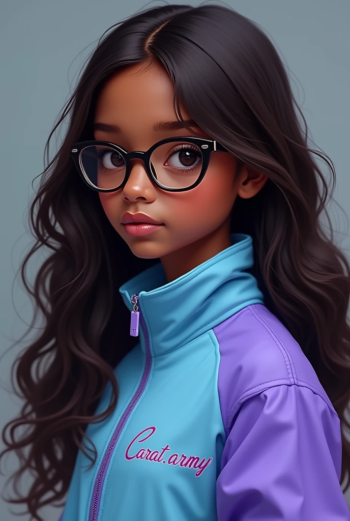 Dark skinned girl with long brown hair and glasses wearing a light blue and purple jacket that says CARAT.army