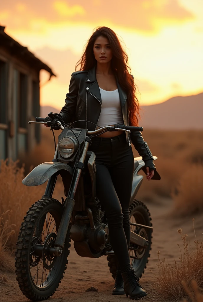 cinematic (solo) a 3 Asian woman, with a curvy body, long brown hair, wearing a black leather jacket, white t-shirt, black pants, boots, standing with her back on a trail motorbike, against the backdrop of dry land, dry weeds, an old house made of wood, a bright twilight sky.