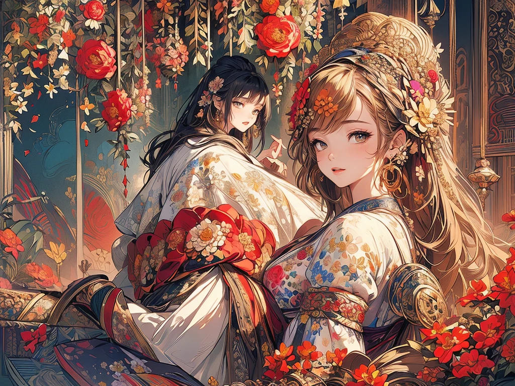 (masterpiece、highest quality、highest quality、official art、beautiful beautiful:1.5)、painterly、sketch、texture、超A high resolution、alone、Beautiful woman、very detailed、(fractal art:1.1)、(Colorful:1.1)(Floral:1.6)、most detailed、(tangled:1.2)、(dynamic pose)、(abstract background:1.3)、(shiny skin)、(lots of colors:0.8)、(earrings:1.4)、(feather:0.9)、Taisho romance