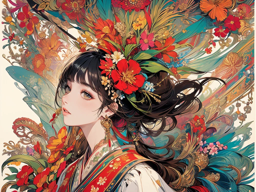 (masterpiece、highest quality、highest quality、official art、beautiful beautiful:1.5)、painterly、sketch、texture、超A high resolution、alone、Beautiful woman、very detailed、(fractal art:1.1)、(Colorful:1.1)(Floral:1.6)、most detailed、(tangled:1.2)、(dynamic pose)、(abstract background:1.3)、(shiny skin)、(lots of colors:0.8)、(earrings:1.4)、(feather:0.9)、Taisho romance