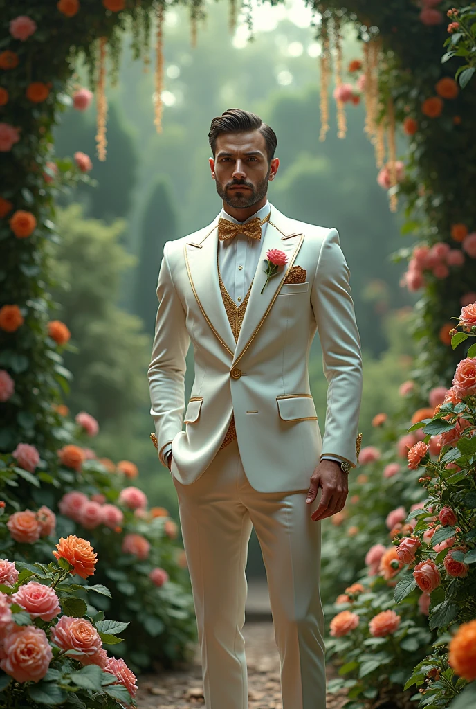 Illusion. Man wearing white and gold tuxedo with pink rose in pocket and a black pants with garden background