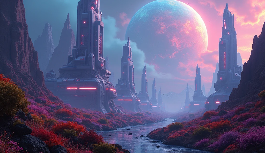 a futuristic settlement on an unknown planet, surrounded by glowing nebulae and alien flora, cinematic dramatic lighting, highly detailed, 8k, photorealistic, concept art style, vivid colors, vibrant neon lights, advanced architecture, floating structures, alien technology, intricate details, towering skyscrapers, otherworldly landscape, mysterious atmosphere, hyper detailed, volumetric fog, cinematic composition