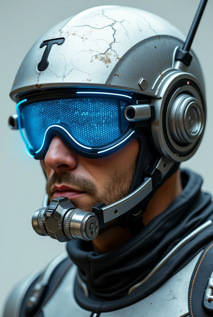 1 man, silver motorcycle helmet, snorkeling mask, portrait close up. Silver two pipe tube from mouth to head. Future design.. high tech. Wear google safety eyes glowing blue. The tube connect from head to mouth. Future headphone design blue led light detail. Starlord helmet design concepts. Very detail . High tech costume. Marvel. T shape on the helmet. Small scratches on the helmet. The blue visor honeycomb style concept. T shape antenna on the helmet.