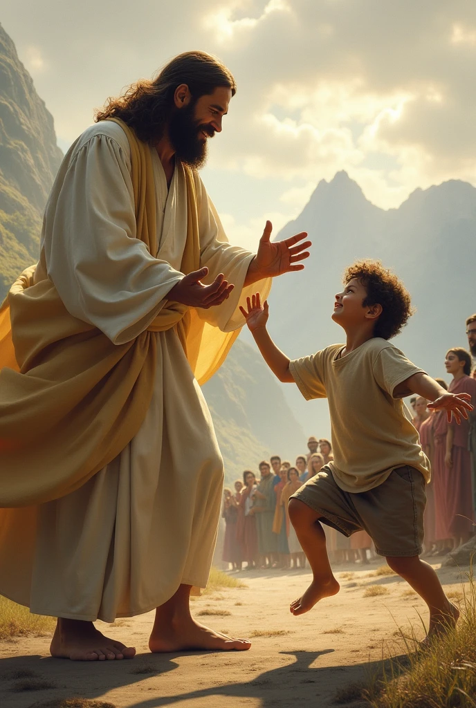 "A powerful and emotional scene depicting a spiritual figure resembling Jesus, dressed in a flowing white robe with a golden sash, extending one hand as if to stop or bless. Facing him is a young with a determined expression, leaping forward with arms outstretched, as if reaching towards or pushing against the figure. The background features a crowd of people watching from a distance, with a serene landscape of mountains and a lake under a soft, cloudy sky. The overall atmosphere conveys a sense of intense emotion, drama, and spiritual symbolism."
