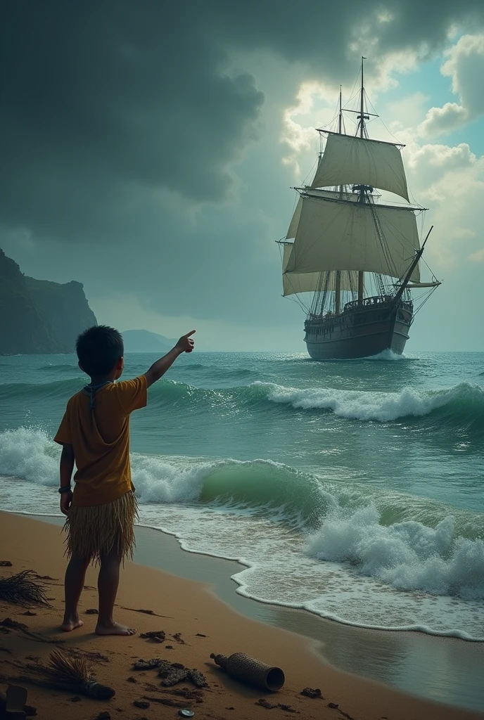 Recreates the scene of Christopher Columbus arriving in America, but from the perspective of an indigenous child who points at the boats with his finger as he watches them approach the beach, There is a storm at sea and everything is dark and gloomy, On the beach there are several indigenous objects scattered.