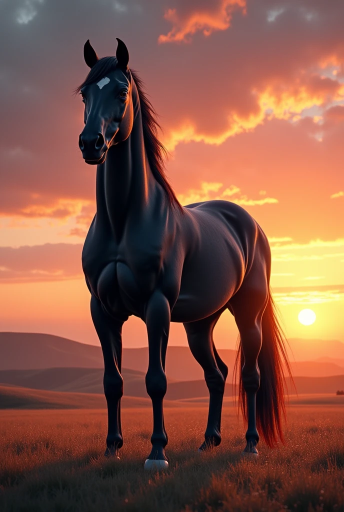 a black horse in a sunset