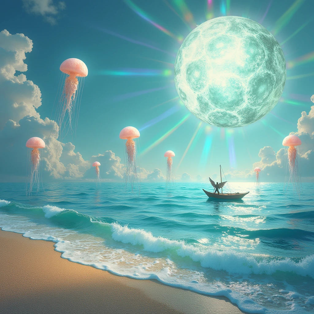 An endless ocean where the waves are made of glass, crashing silently onto a shore of shimmering, golden sand. The horizon is filled with colossal, floating jellyfish, their tentacles trailing down to touch the surface of the glassy water. The sun is an enormous, fractured crystal, casting rainbow-colored beams of light across the scene. A small boat floats on the water, but instead of a sail, it has wings that flap slowly, keeping it aloft. The overall feeling is one of awe and wonder, with a strong emphasis on the beauty and fragility of the surreal environment.