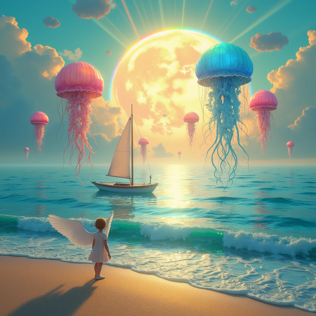 An endless ocean where the waves are made of glass, crashing silently onto a shore of shimmering, golden sand. The horizon is filled with colossal, floating jellyfish, their tentacles trailing down to touch the surface of the glassy water. The sun is an enormous, fractured crystal, casting rainbow-colored beams of light across the scene. A small boat floats on the water, but instead of a sail, it has wings that flap slowly, keeping it aloft. The overall feeling is one of awe and wonder, with a strong emphasis on the beauty and fragility of the surreal environment.