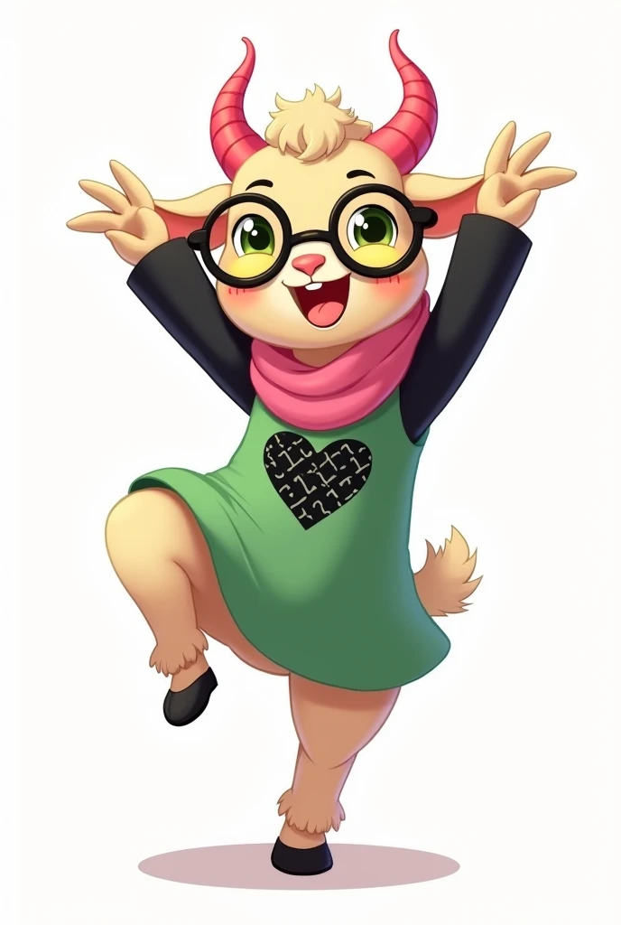on a white background, create the illustration of a small, hairy, anthropomorphic goat, full body, on his head some small pink horns, along with long fluffy ears, in his eyes some big round glasses, yellowish green crystal, with a very happy expression, with a green dress and a heart in the center, black, patterned, with black sleeves that reach to the wrist, with a not very large scarf covering his neck, It is pink, The pose is dynamic, left leg raised upwards, body leaning to the left, with both hands stretched above his head, out.