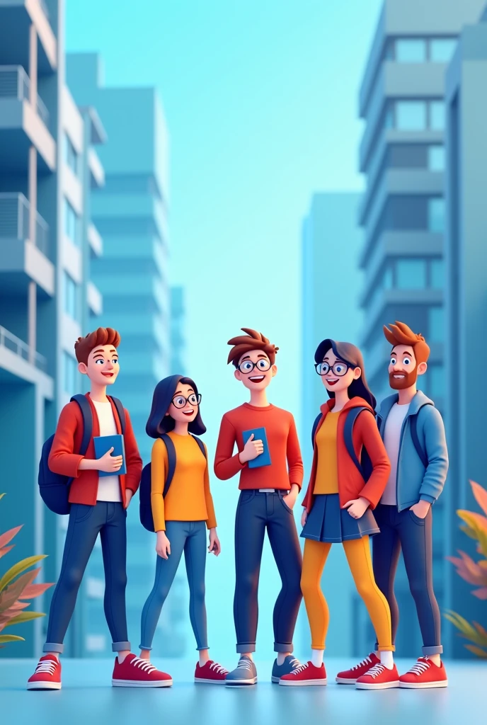 A job ad post about hiring an internship program is open now with cartoons of 2-3 students with funny and good vibes in the center or right of the picture and a blank box for me to add text of requirements. Please generate with 3d illustration and the core colt is cold tone, especially in blue