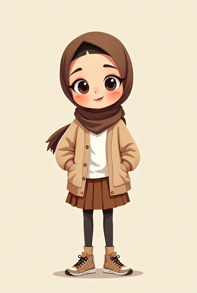 Cartoon with text:
(Masterpiece, best quality, 4k, expressive eyes, perfect face), cute and adorable girl, little cartoon girl, (beautiful face, detailed eyes), wearing brown hijab, (flat style,, hand drawn style, 2d style, Cartoon artstyle, toon style), (oversized beige cardigan, white shirt, brown skirt, brown socks, air force sneakers), (full body view, funny pose)