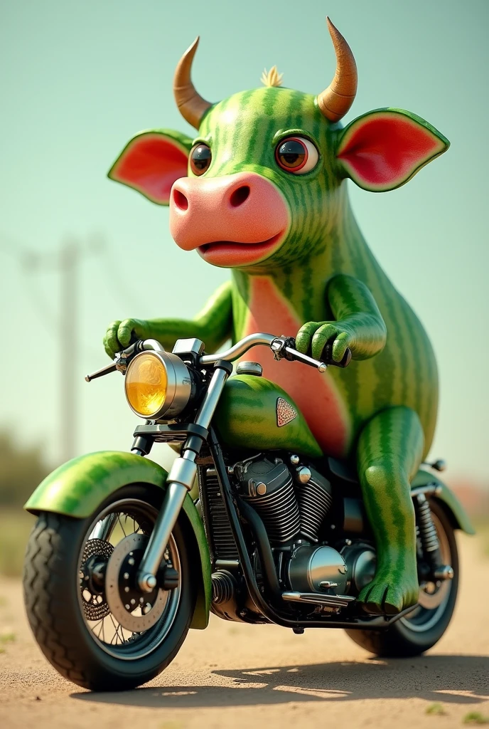 A cow made of watermelon, riding a motorcycle