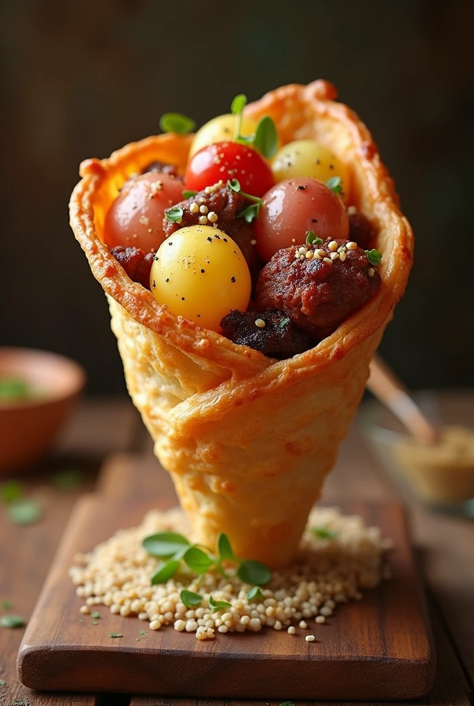 A cone of potatoes and a variety of meats in a single cone 