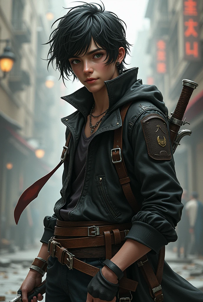 A short rogue with a young man's face, medium to long hair, who uses two daggers, has a sarcastic smile on his face,