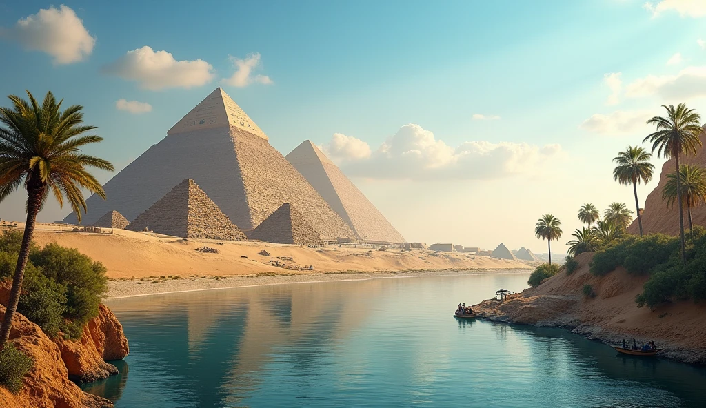 "A panoramic view of ancient Egypt, with the Pyramids of Giza towering against a backdrop of a clear blue sky. The Nile River flows nearby, with palm trees and small boats in the foreground."