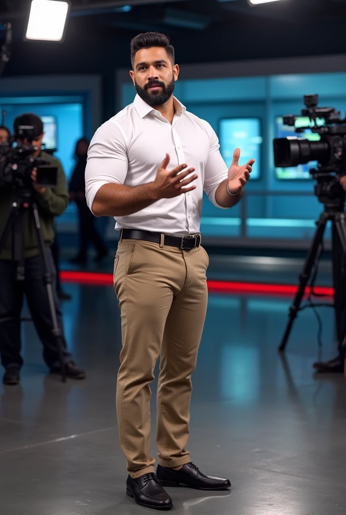 There is a burly, bearded Puerto Rican man in a white dress shirt, red underwear, Bulge, bulge, looking at a cameraman in front of him, gesturing, in a TV news, in a large journalism studio of a TV channel.
