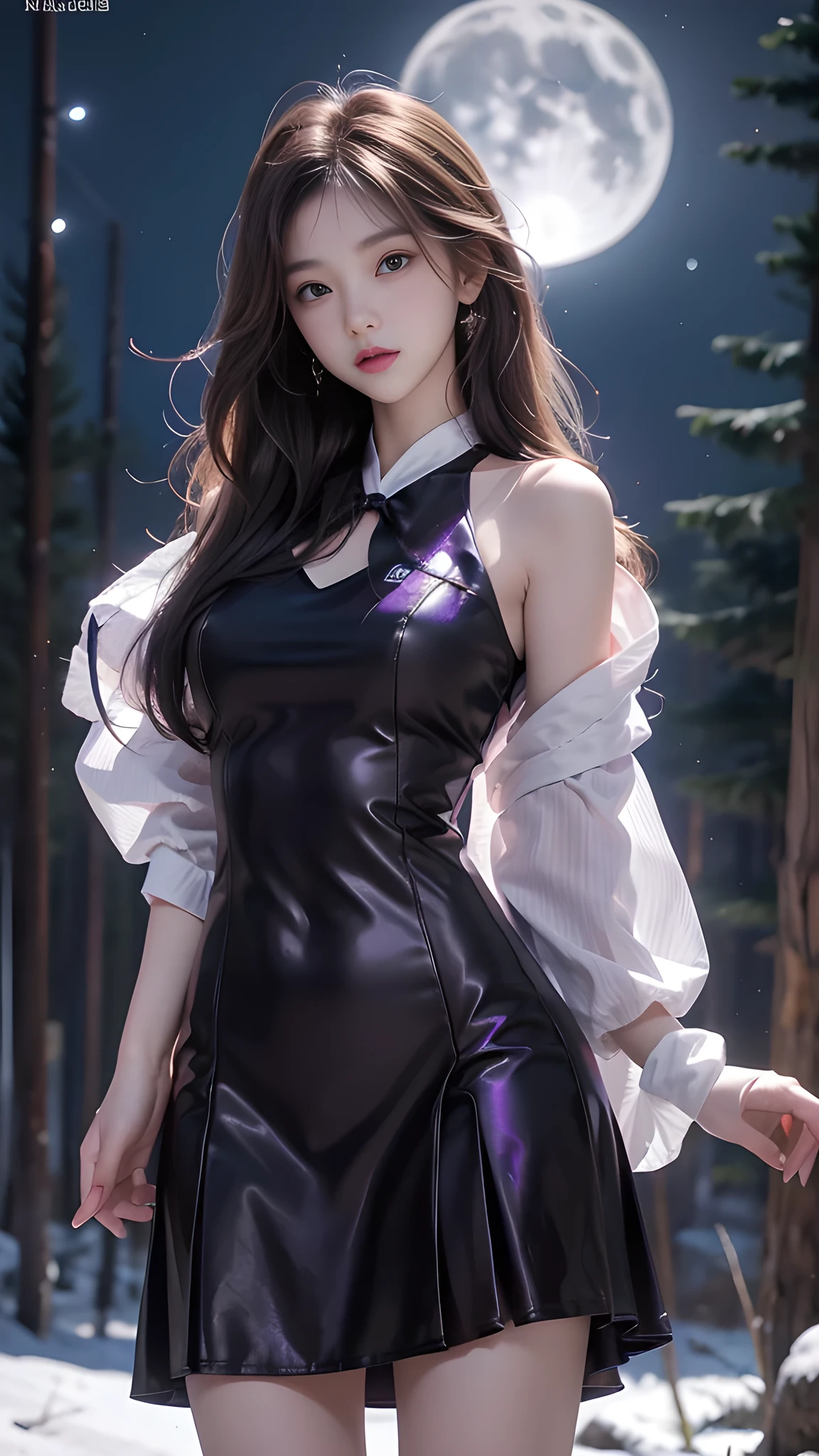 ulzzang-6500-v1.1, (RAW photo: 1.2), (Real photo), (Real photo: 1.4), 1 girl、Perfect anatomy、1、Looking at the camera、Medium length hair、purple party dress, on the pine hill at night, with stars and moon, ((on the pine hill at night: 1.1))、(Business service)、Asian eyes Ella,