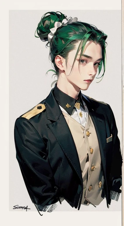 Ram、uniform、Green Hair、Hair Bun、Upper Body、Slender body、masterpiece、Simple Background、Highest quality