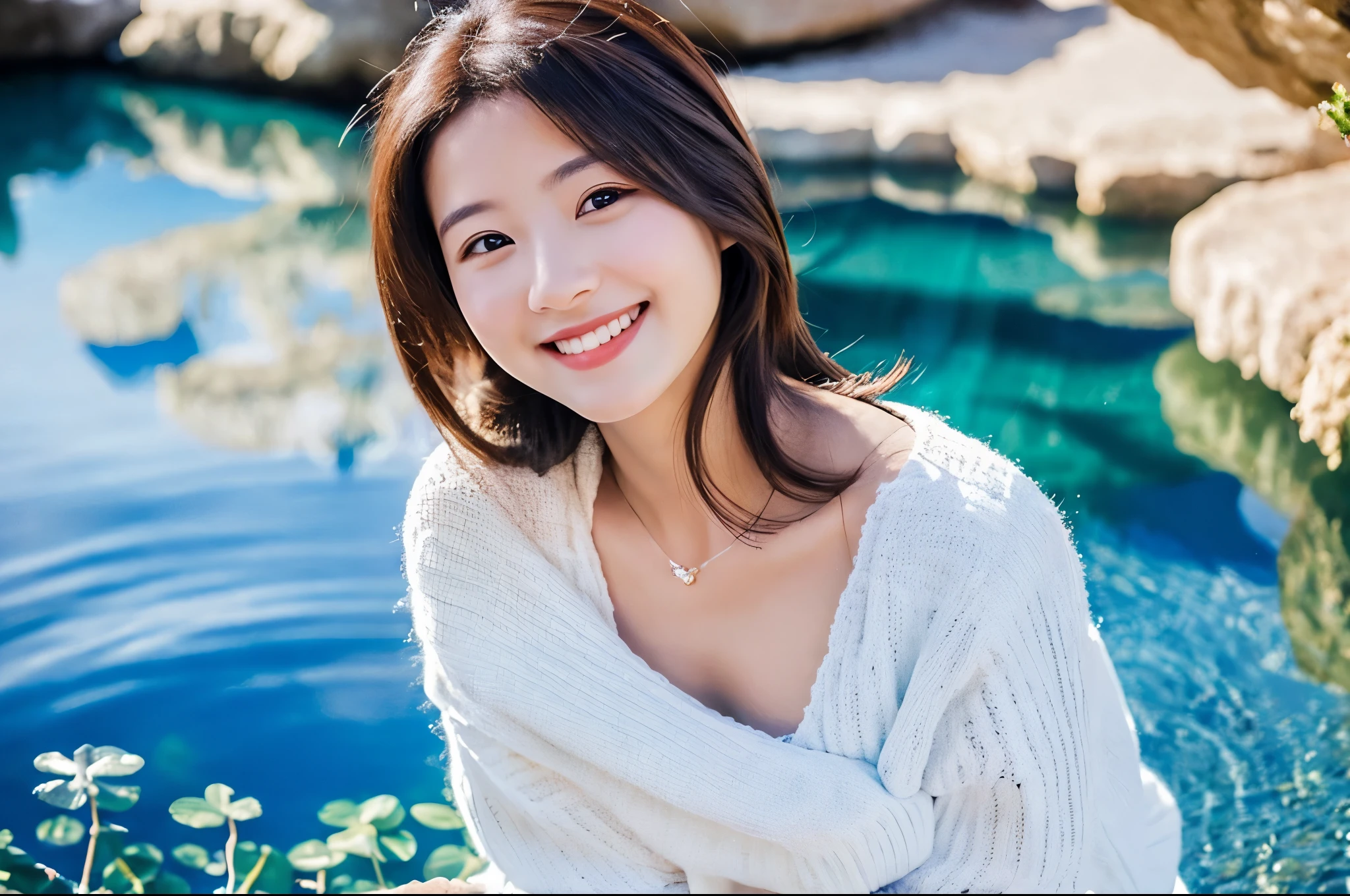 Highest quality masterpiece detailed A very pretty woman is smiling and wearing a white sweater in front of the Blue Pond Cave Photo style dramatic