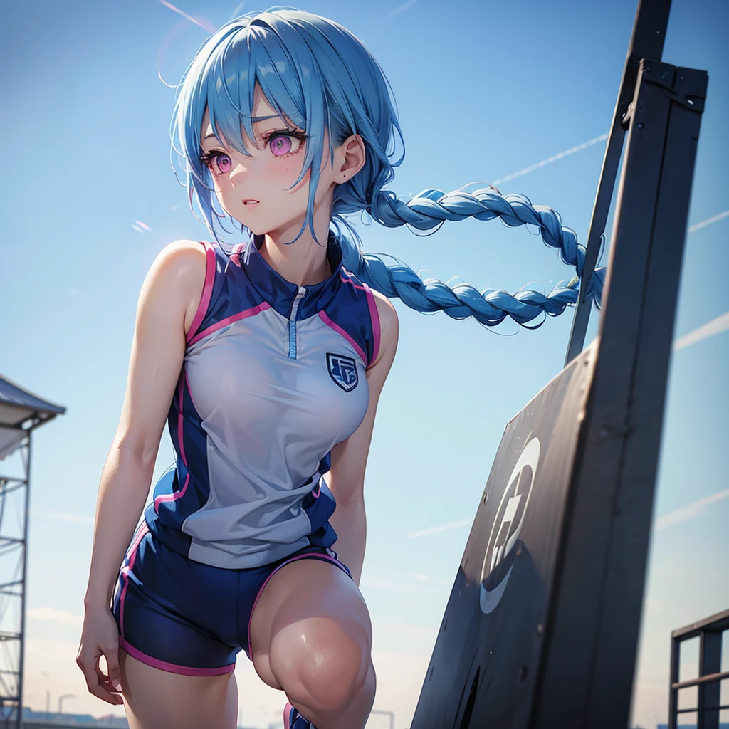 {{{masterpiece}}}, {{{best quality}}}, {{ultra-detailed}}, {illustration}, {{an extremely delicate and beautiful,high resolution, ultra-detailed,,perfect face,slender perfect body, Tight belly,Toned buttocks,Constricted waist}},,(((2 girls to 100m run start))),(painful face), (wear a headband),15yo,((pink:-1.5) ,(red:-1.5) ,(blue:-1.5) hair), (braided short hair), (braided long hair), shy daughter, short stature, small tits,(flom track and field), (fashionable track and field athlete),(bike shorts), small tits, (wet:1.2), track and field,((very wide shot )),(clothnipples visible throughes),(Cameltoe:1.2)