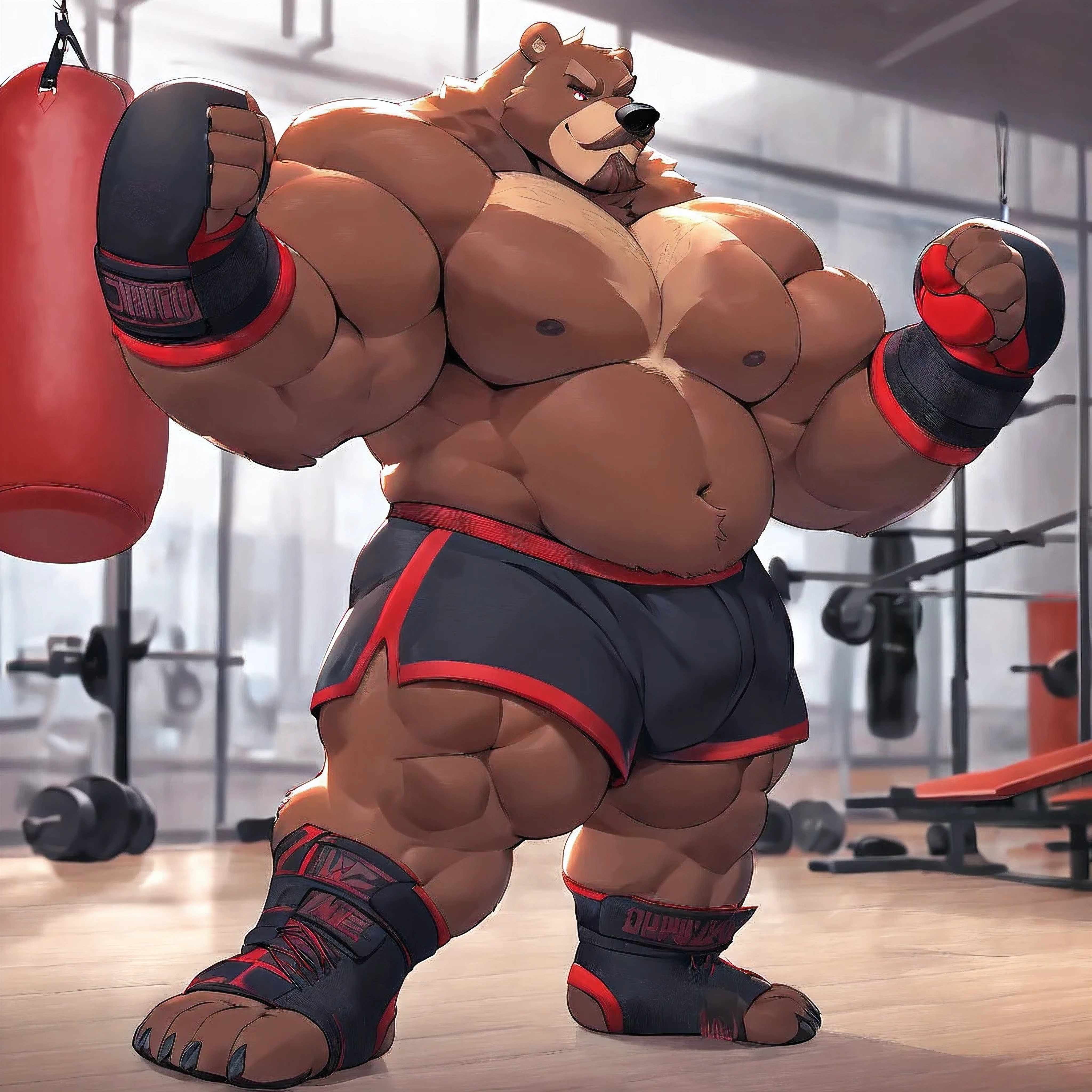 Solo, 1boy, huge muscular kodiak brown bear in big gym fitness center, big smirking, kodiak bear, huge brown fur, thick arms, huge arms, big fists, veins all over arms and chests, bald, big brown mustache and beard, (muscular, pectoral, wide pectoral, thick arms), HEIGHT: 220CM, WEIGHT: 370KG, gym sets, workout equipments, ring, punching bag, 8k, masterpiece, added cinnamon colored eyebrows, deatiled eyes with red pupils, (wearing black mixed martial arts shorts with red slits, black mixed martial art fingerless gloves with red pads, black toeless footwear tapes, shirtless and topless), punching and kicking techniques,