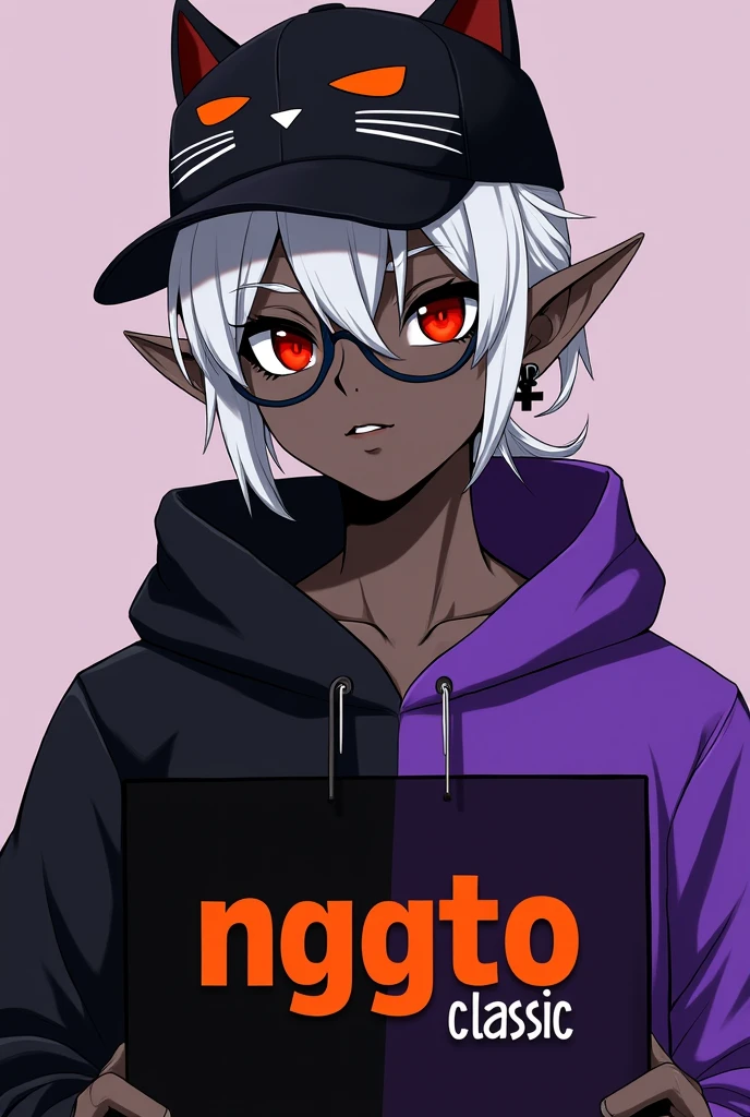 young man, Black skin tone, dark red eyes, elf ear small size, black earring in the shape of a cross but with two ears, wears prescription glasses, White hair, hair tied with ponytail, 2 strands of hair in the front, wears a black cap with a cat face, wears a closed hood with two different colors, black on one side and purple on the other, com um nome laranja Written: NGGTO. Holding a sign with a side cut that divides the colors black and purple, Written: NGGTO Classic