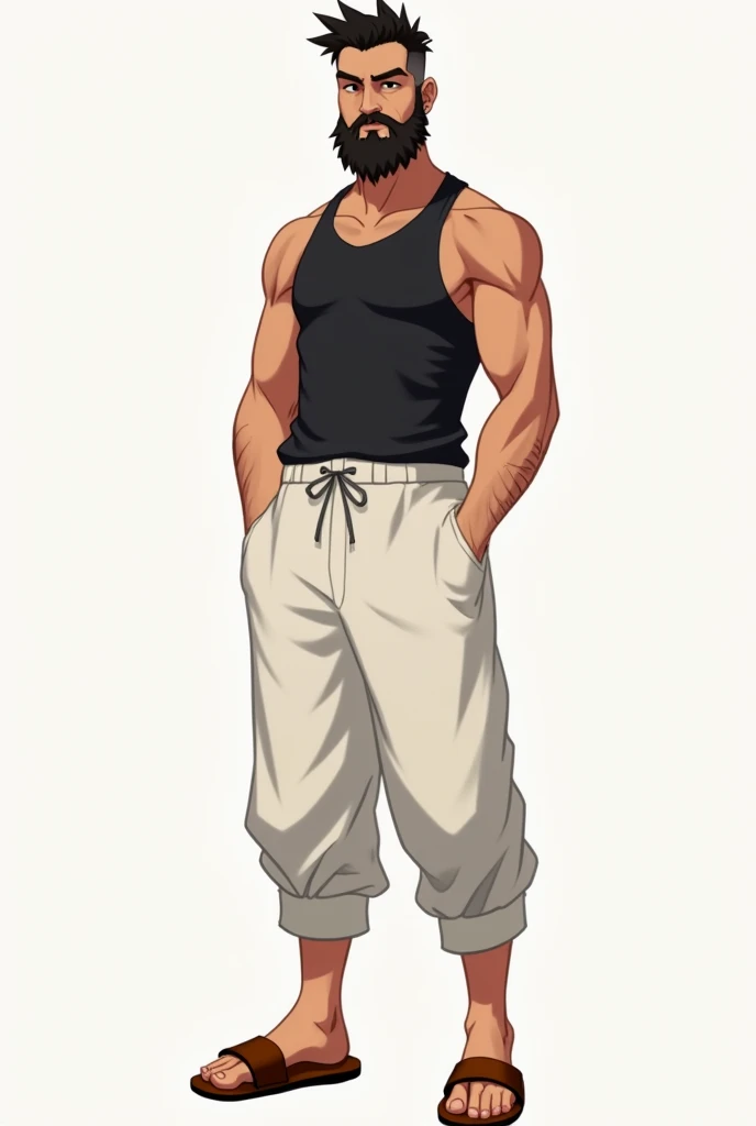 ( tabletop RPG character icon ) A 2 man with a medium beard and 1,65 tall, short hair and wearing a black tank top and white baggy pants and also wooden slippers similar to those of a ninja in Naruto, charismatic and defined, but not with much muscle, with a more charismatic and calm face, relaxed