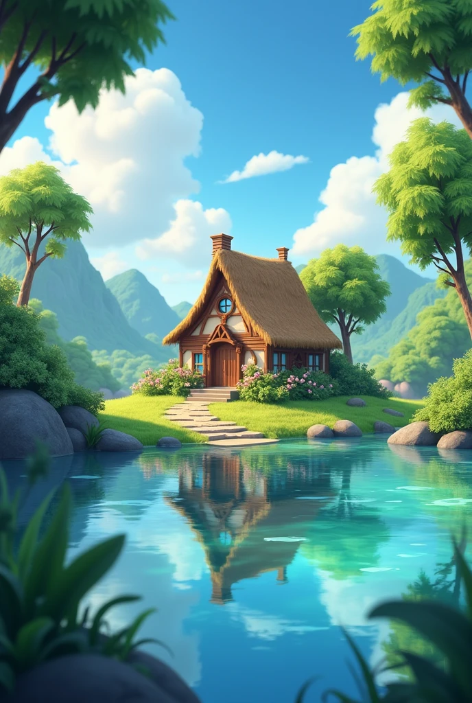 Animated background with a little house on a lagoon