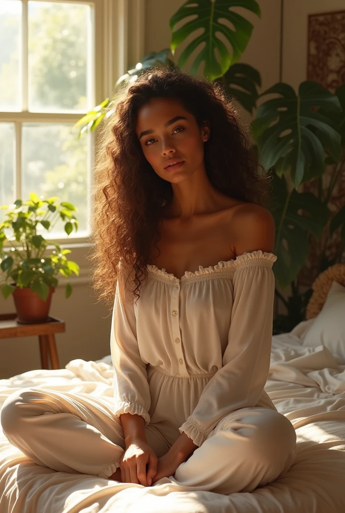 (photorealism:1.2), beautiful woman, sitting on bed, wearing loose off-shoulder top, pajama pants, long curly hair, indoors, soft lighting, plants in background, window with sunlight, cozy room, relaxed pose, realistic, intricate details, warm colors, by Greg Rutkowski, by Alphonse Mucha
un conejo con alas y plumas en el bosque