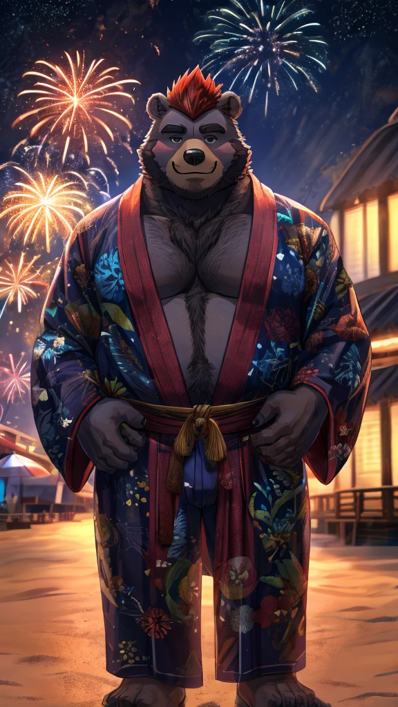 (8k),(masterpiece:1.2),(cinematic lighting),((plump:1.4)),fireworks in the night sky,yukata,bear,Beastman,red mohawk,hairy,sly smile,details,black,Blue,white,chubby cheeks,(small eyes:1.1),(looking at viewer:1.1),beach with a long pier,darkness