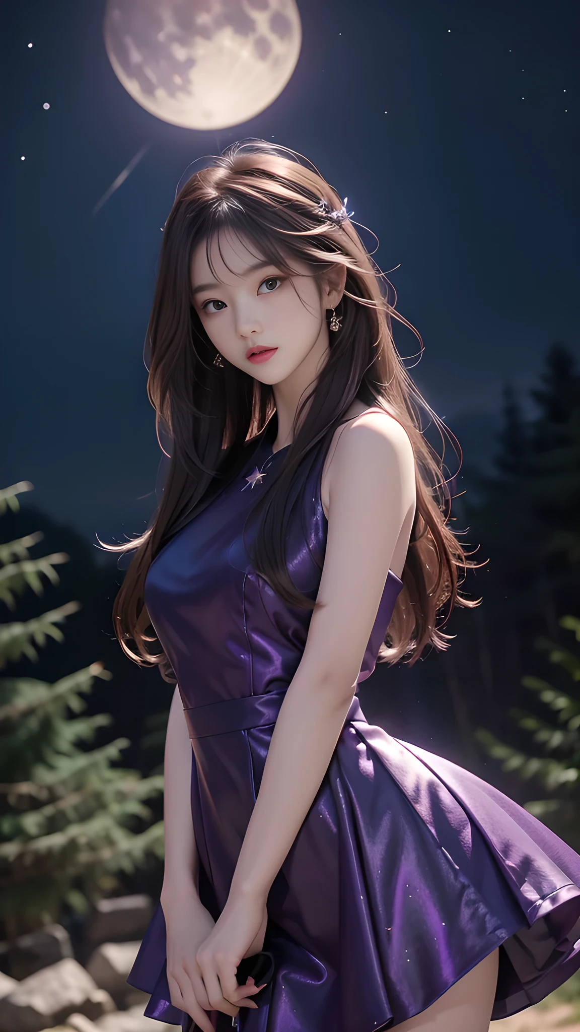 ulzzang-6500-v1.1, (RAW photo: 1.2), (Real photo), (Real photo: 1.4), 1 girl、Perfect anatomy、1、Looking at the camera、Medium length hair、purple party dress, on the pine hill at night, with stars and moon, ((on the pine hill at night: 1.1))、(Business service)、Asian eyes Ella,
