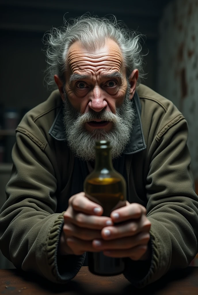An old white Russian man holding a bottle with a shocked face