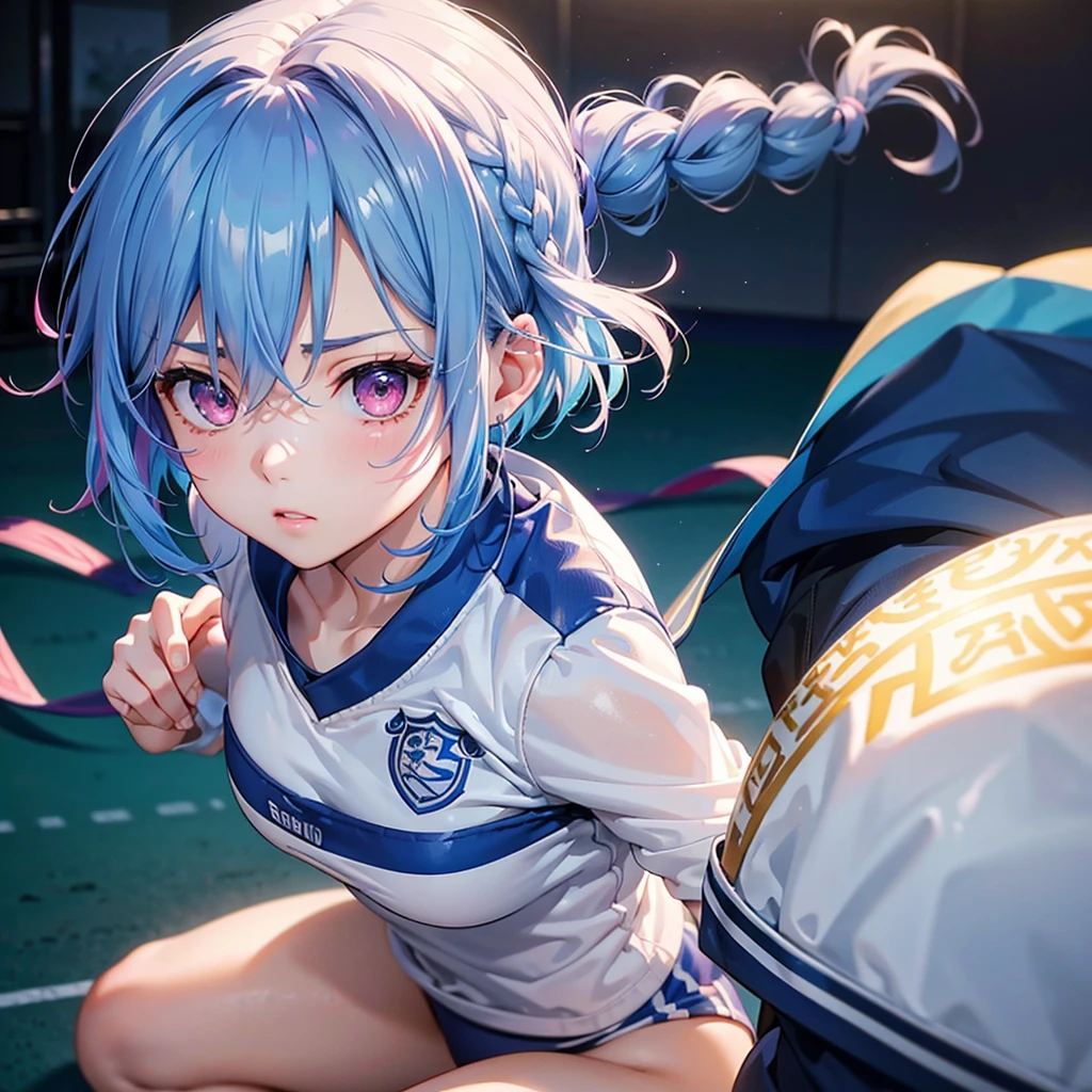 Sky blue hair、Braided Short Hair、Pink Eyes、Fair skin、whole body、sports festival、School、Ground、Gym suit、masterpiece、Highest quality、Very detailed、Best Shadow、Detailed Background、Beautifully detailed face、High Contrast、Best lighting、Very delicate and beautiful、Cinematic Light、Hyper Detail、8k、Dramatic Light、Exquisite detail、