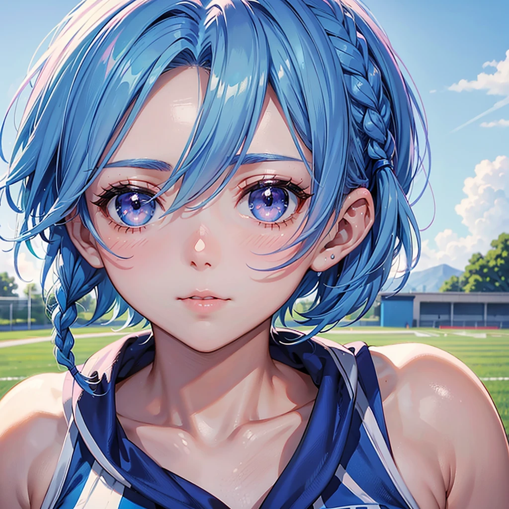 Sky blue hair、Braided Short Hair、Pink Eyes、Fair skin、whole body、sports festival、School、Ground、Gym suit、masterpiece、Highest quality、Very detailed、Best Shadow、Detailed Background、Beautifully detailed face、High Contrast、Best lighting、Very delicate and beautiful、Cinematic Light、Hyper Detail、8k、Dramatic Light、Exquisite detail、