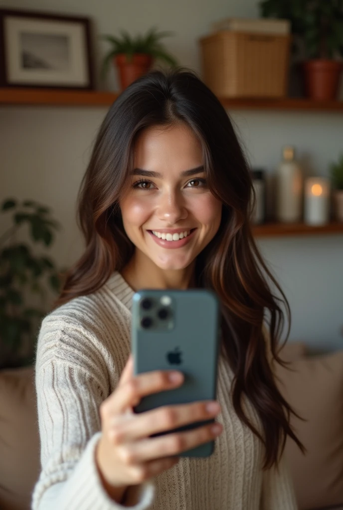 Woman taking selfie at home,Authentic style,Photo taken with an Apple phone