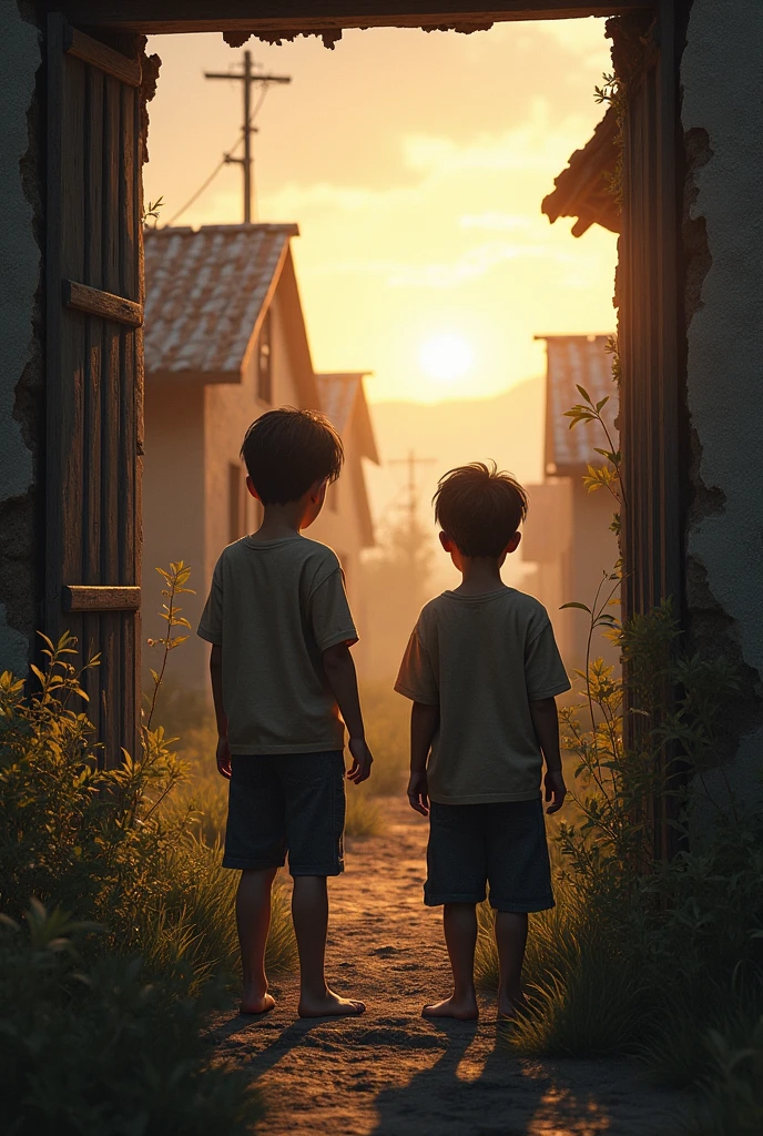 imagine prompt: 2d, personality: [Illustrate a medium shot of the boys standing at the entrance to Lapas village, their expressions shifting to curiosity mixed with trepidation. Capture the dilapidated houses and overgrown weeds as the sun sets behind them, enhancing the foreboding atmosphere] unreal engine, hyper real --q 2 --v 5.2 --ar 16:9