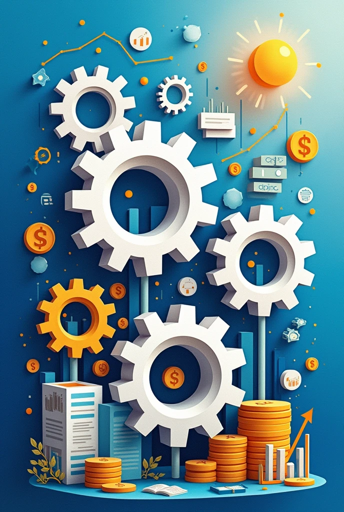 Create a three-dimensional gear Circles and squares, currencies, stacks of coins, stacks of banknotes, lines, graphs, auto parts illustrations. Using watercolor and mixed media, bright colors are used. The light source is in the upper right corner. There are large white gears. The background is blue.