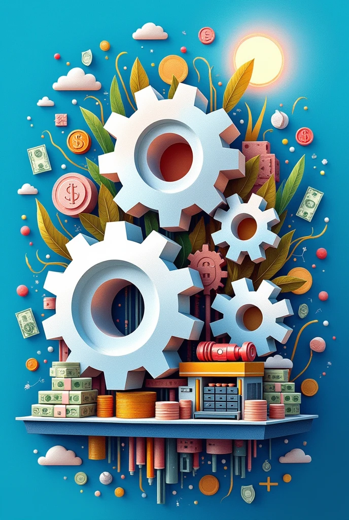 Create a three-dimensional gear Circles and squares, currencies, stacks of coins, stacks of banknotes, lines, graphs, auto parts illustrations. Using watercolor and mixed media, bright colors are used. The light source is in the upper right corner. There are large white gears. The background is blue.