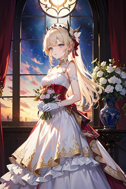 Artistic AI Art Galaxy(masterpiece:1.2, Highest quality), (Beautiful, detailed eyes: 1.2), High resolution, (Beautifully detailed face), (One girl:1.2), Blake: A figure in a red and white dress with gold trim.、Standing in front of a window with red curtains and gold ornaments。. The dress is gorgeous and sophisticated., Multi-layer structure. This character has long, flowing hair with flowers, Wearing gloves. She has a noble and delicate character.. The light coming in through the window creates a fantastic atmosphere., The curtains and windows are carefully painted.. It's a warm image.