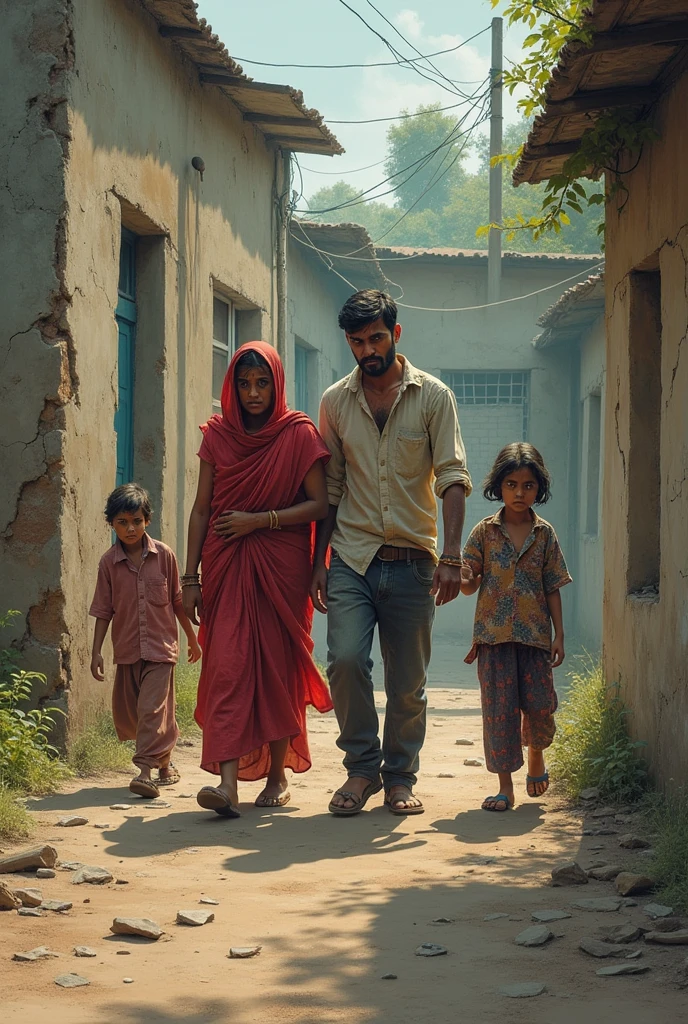 poor indian parents with their crying kids going to a worst conditioned school with cracked walls 
