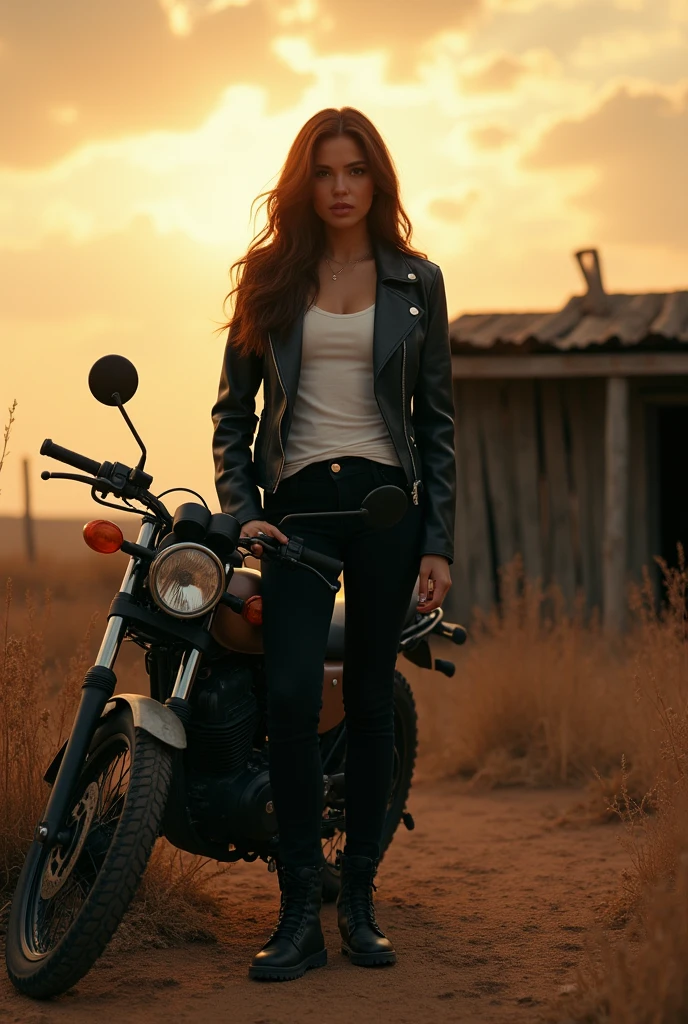 cinematic (solo) a 3 Asian woman, with a curvy body, long brown hair, wearing a black leather jacket, white t-shirt, black pants, boots, standing with her back on a trail motorbike, against the backdrop of dry land, dry weeds, an old house made of wood, a bright twilight sky.