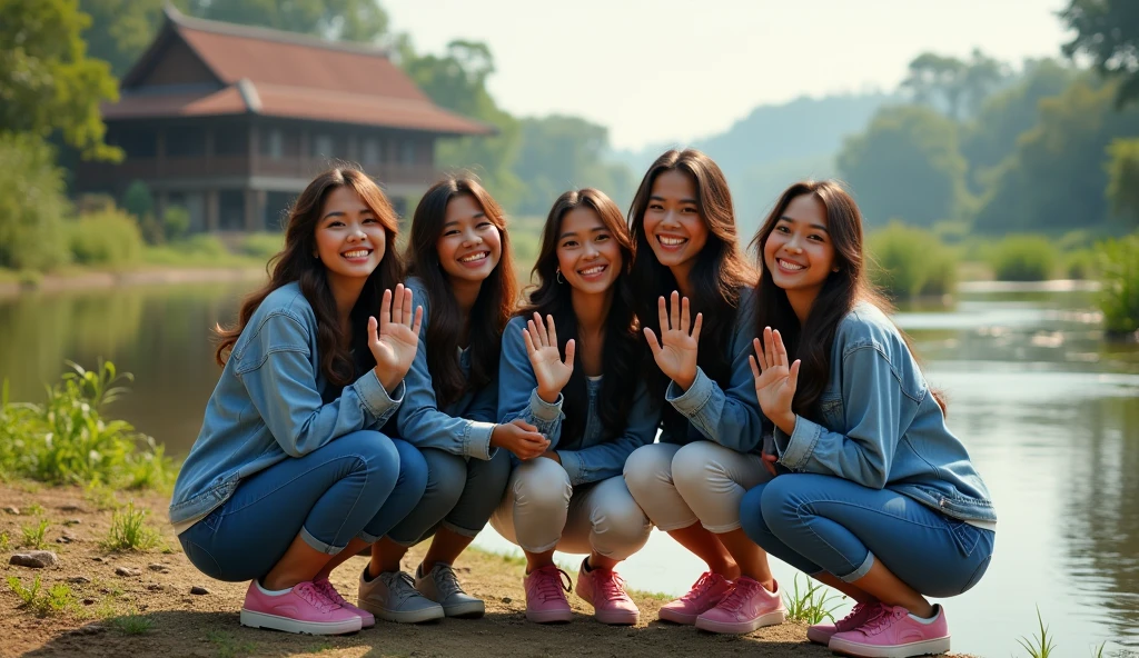 5 Beautiful Indonesian Women, his body is quite fat, fair skin, big nose, long wavy hair, wearing a denim jacket, long pants, wearing pink sneakers, squatting on the water on the river bank, his hands in front and waving, happy faces all facing the camera, in front of the country house, morning mood, minimal defects, very detail, realistic, 8K picture