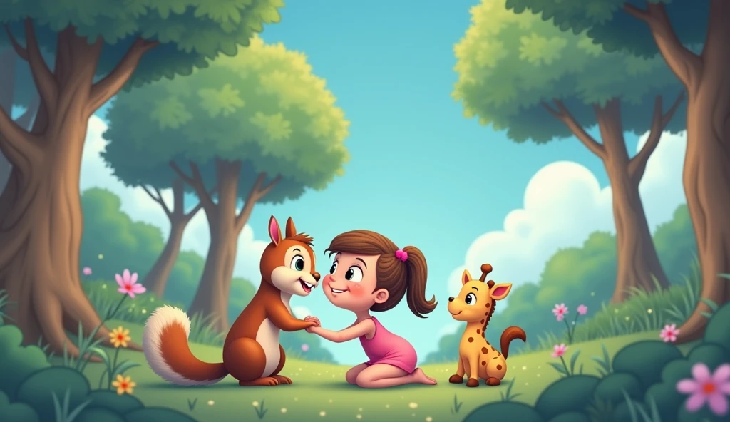 A little cartoon girl in pink, a squirrel hugs her next to her, and a stuffed giraffe stands next to her